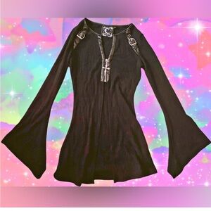 Killstar Zip Up Faux Leather Buckle Bell Sleeve Sweater 🖤🌙